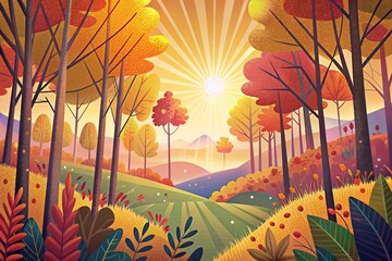 Wall Mural - A sunlit path through autumnal woods