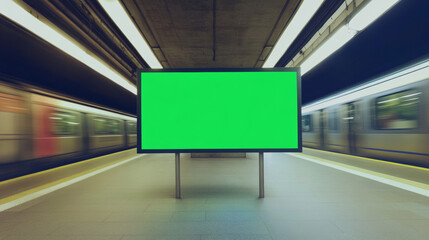 Wall Mural - a digital billboard with a green screen in a subway station, surrounded by motion-blurred trains, su