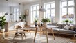 © Working Moments - Bright and airy dining room with a modern, minimalist design, featuring a round wooden table, natural light, and a view of the city., minimalist design, natural light