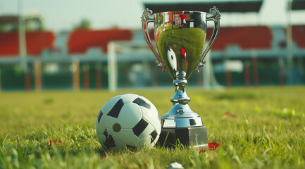 Tournament Trophy  cup next to football in a soccer field