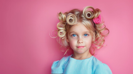 Wall Mural - small beautiful cute curly blonde girl with curlers on a pink background, child, toddler, kid, baby, space for text, fashion, hairstyle, beauty, party, blue eyes, innoсence