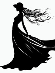 Wall Mural - Silhouette of a beautiful girl in a long dress and hat.