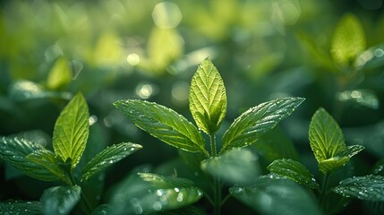 Canvas Print - Close Up Of Dewy Green Leaves