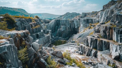 A scenic view of a stone quarry, revealing layers of rock and geological history.