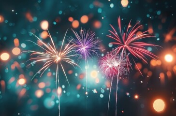 Poster - Colorful Fireworks Display Over a City Skyline at Night