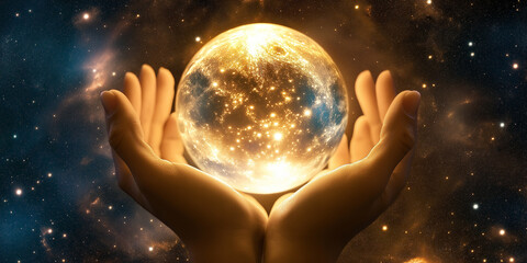 Poster - Person holding a glowing planet earth in outer space