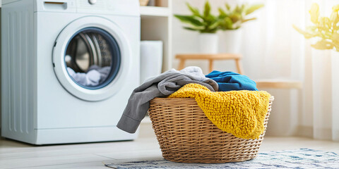 Aufkleber - Wicker laundry basket overflowing with clothes in a modern laundry room