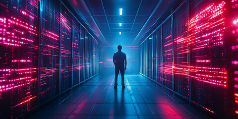 Poster - It engineer standing in server room with digital data flowing through network