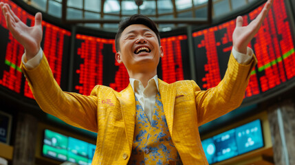 Poster - Successful businessman celebrating winning the stock market with arms raised