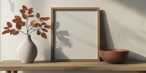 Aufkleber - Sunlight casting shadows over wooden frame mockup with vase and bowl on table