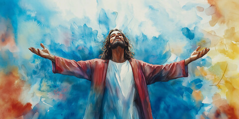 Wall Mural - Jesus christ raising his arms to heaven with hope and faith