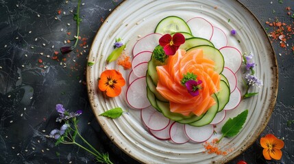 Top view of a beautifully arranged salmon sashimi plate with cucumber ribbons, radish slices, and edible flowers. Perfect for artistic and elegant food presentations.