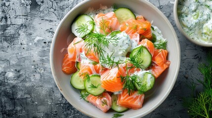 Wall Mural - Top view of a fresh salmon and cucumber salad with a tangy yogurt dressing, garnished with dill. Suitable for light and refreshing meal visuals.