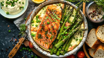 Top view of a grilled salmon and asparagus frittata, garnished with fresh herbs and served with toast. Ideal for brunch and light meal ideas.