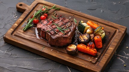 Top view of a medium-rare beef steak on a rustic wooden board, garnished with thyme and served with a side of grilled vegetables. Perfect for classic and hearty dining themes.