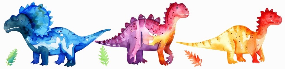 Wall Mural - Illustration of cute watercolor baby dinosaurs. Stock clip art.