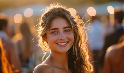 Wall Mural - A young woman smiles at the camera while standing in a crowd. AI.