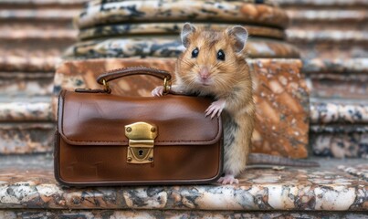 Sticker - A small rodent holding onto a brown leather bag. AI.