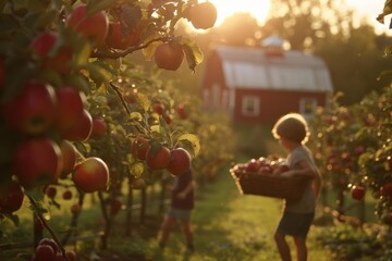 Sticker - A young person harvests ripe apples in an orchard. AI.