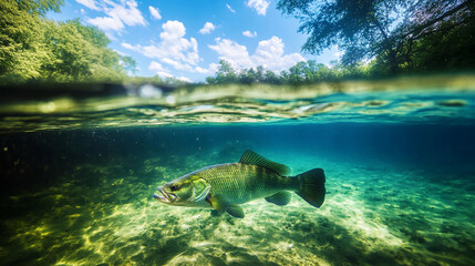 A half under water scene that features a fish swimming peacefully under the surface of a lake