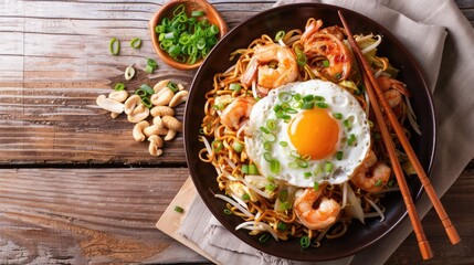 Top view of mee goreng noodles with shrimp, chicken, cabbage, and fried egg, garnished with green onions.