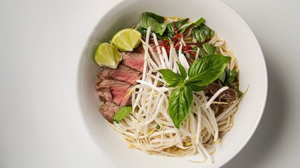 Top view of pho noodles with beef, bean sprouts, basil, and lime wedges in a white bowl.