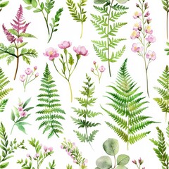 Wall Mural - The seamless pattern features hand-drawn watercolor palm leaves and flowers. Popular stock illustration.