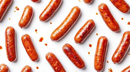 Pattern of crispy fried red sausages, delicious and appetizing on white