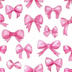 Wall Mural - Hand drawn watercolor pink bows on a seamless pattern.