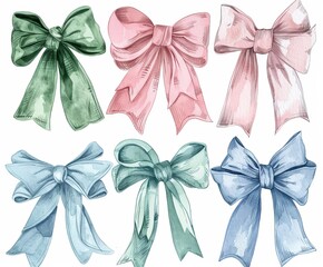 Wall Mural - Stock set with watercolor illustrations of three bows.