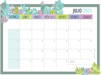 Wall Mural - Calendario Planificador 2025 en Español - Tamaño A4 - Mes de Julio