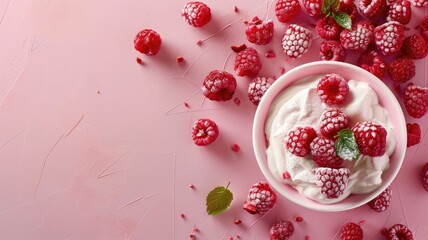 Wall Mural - Fresh raspberries and creamy yogurt in bowl against pink background