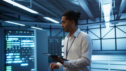 Engineer walking in data center, monitoring security threats, implementing cybersecurity measures. Indian man ensuring compliance with regulations to protect data center gear, camera B