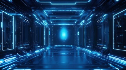 Wall Mural - Futuristic Sci-Fi Corridor with Glowing Blue Lights