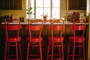 Wall Mural - A row of red chairs sitting in front a kitchen counter, AI