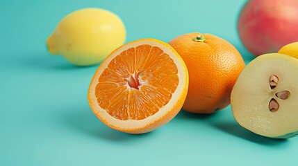 Canvas Print - A group of fruits on a blue background, including oranges, lemons, and a quince.