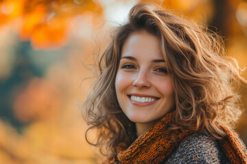 Portrait of a content woman in her 30s with autumn colors. smiling woman