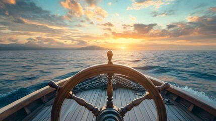 ship wheel on boat with sea and sky. freedom and adventure. direction concept.