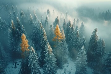 Poster - Aerial View of a Snowy Forest in Winter