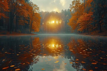 Canvas Print - Autumn Reflection in a Misty Forest Lake