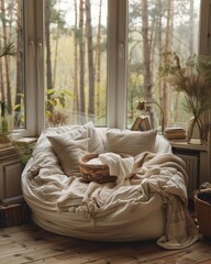 Wall Mural - Cozy reading nook with a large comfy chair, blanket, and a window view. AI.