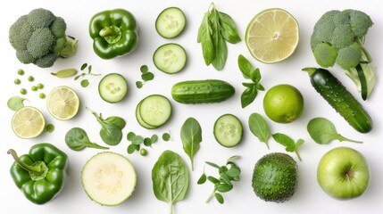 Wall Mural - A variety of green vegetables and fruits arranged on a white background. AI.