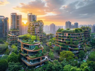 Poster - A city with green roofs and lush greenery. AI.