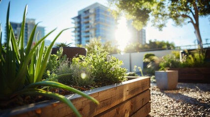 Canvas Print - A wooden planter box filled with lush greenery in a sunny urban setting. AI.