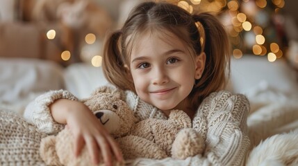 Poster - A young girl smiles while holding her toy bear. AI.