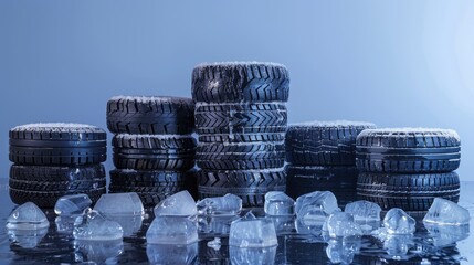 Winter tires with spiked studs arranged as ice blocks in photo studio representing tire industry Ample room for text