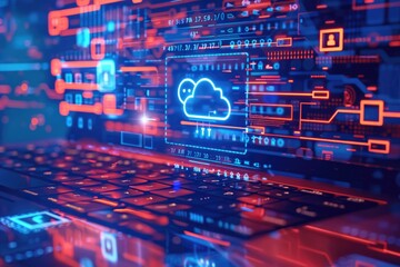Wall Mural - a close-up of a laptop with a glowing cloud on the keyboard