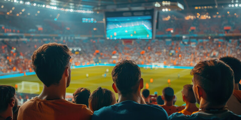 Wall Mural - Fans watching an exciting live soccer match in a packed stadium, with the game broadcasted on a large screen.