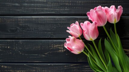 Wall Mural - beautiful pink tulips on dark wood background with space for text