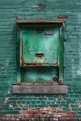 Wall Mural - Brick wall with a metal window and a green color tone